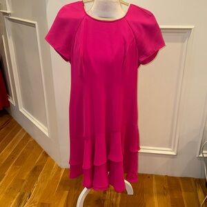 Hot pink dress with two ruffles at the bottom, short sleeves